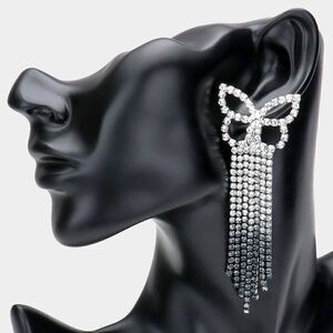 Ombre Butterfly Black Rhinestone Fringe Earrings